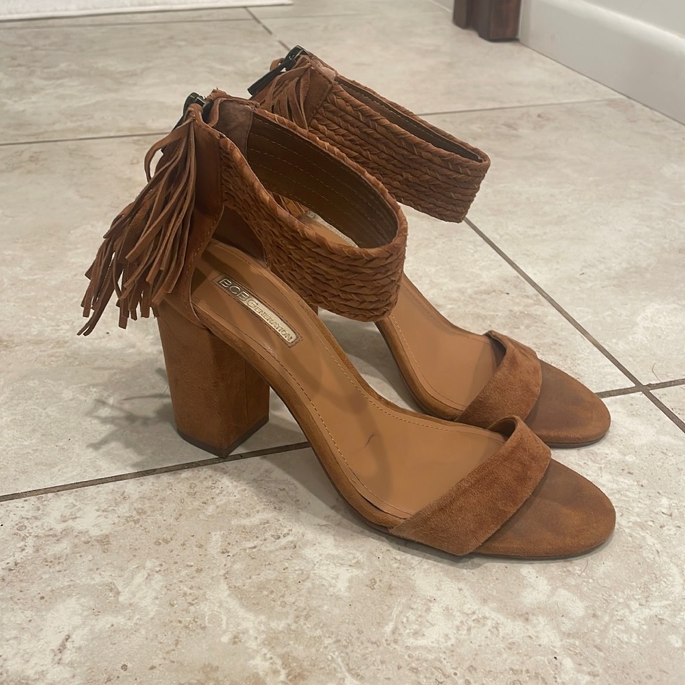 BCBG Brown fringe suede heels, women’s size 7.5